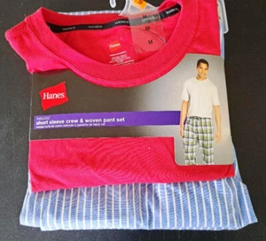 Hanes Mens Short Sleeve Crew & Woven Pant Pajama Set, Size Medium - New / Sealed - Picture 1 of 2