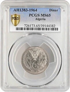 Argelia 1 dinar 1964, graduación profesional MS65, "República Popular (1964 - 2023)" Top Pop 1/0 - Imagen 1 de 4