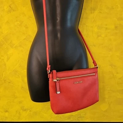 Calvin Klein Burnt Orange Faux Leather Gold Top Zip Crossbody Shoulder Bag - Image 1 of 4