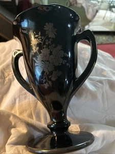 Vtg Art Deco Large Black Amethyst Glass Trophy Vase Double Handle 8” Floral Des - Picture 1 of 11