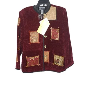 Indigo Moon Patchwork Chenille Jacket PXS Burgundy Red Tan Tapestry Art To Wear - Picture 1 of 18