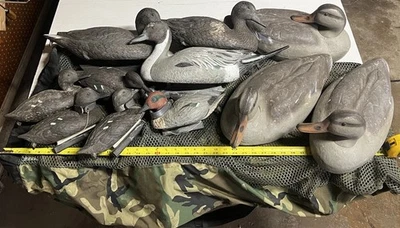 "11 señuelos vintage de pato de buceo Flambeau verde azulado pintail pato negro con bolsa de camuflaje de 48""" Foto 1 de 4