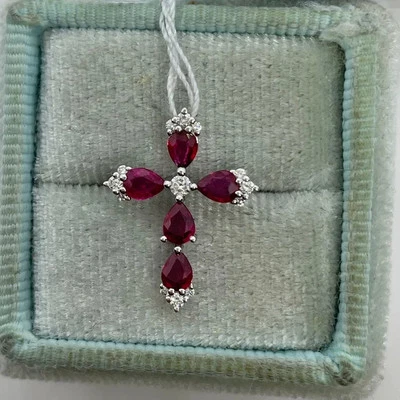 0.72Ct Pear Cut Lab-Created Ruby Cross Religious Pendant 14K White Gold Plated - Image 1 of 4