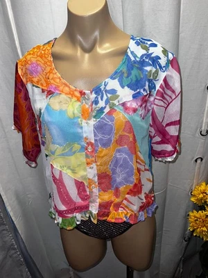 Blusa Sacred Threads Artística Patchwork Floral Manga Corta Abotonada Talla L Foto 1 de 4