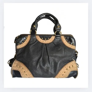 Betsey Johnson VINTAGE Satchel Large Studded Black Leather Tan Brocade Bag - Picture 1 of 22