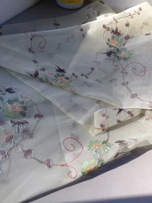 VTG Sheer Fabric Light Green Floral Embroidered Hand painted Fairy Cottagecore - Image 1 of 4