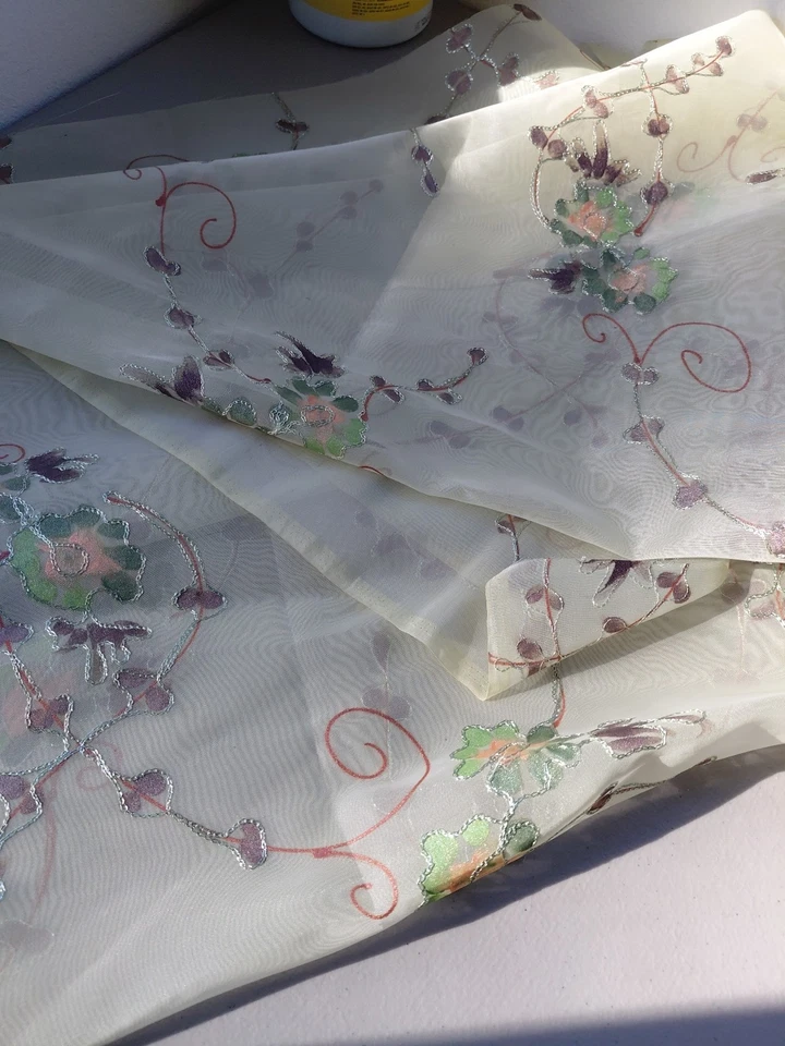 VTG Sheer Fabric Light Green Floral Embroidered Hand painted Fairy Cottagecore - Image 1 of 4