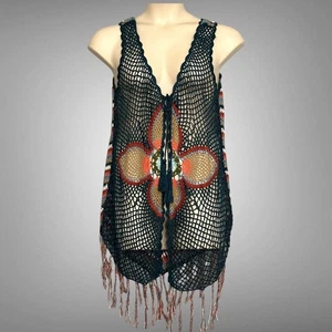 Est. Gilet donna 1946 L blu colorato uncinetto frange spiaggia boho festival hippie - Foto 1 di 13