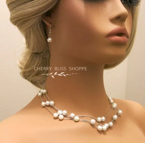 Multi Strand Floating Pearl 4 PC Jewelry Set, Bridal Pearl Chain Necklace Set - Picture 1 of 5