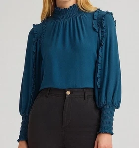 Max Studio Marine Blue Ruffle Smocked High Neck Blouse Top Size S NWT $110 - Picture 1 of 13