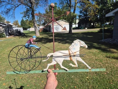 Vintage 28" Cast Horse Sulky Buggy Jockey Weathervane Topper Primitive Folk Art - Image 1 of 4