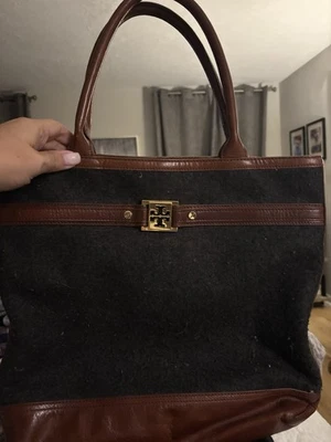 Tory Burch Medium Black Wool Leather Shoulder Bag Tote Purse Magnetic Closure - Image 1 of 4