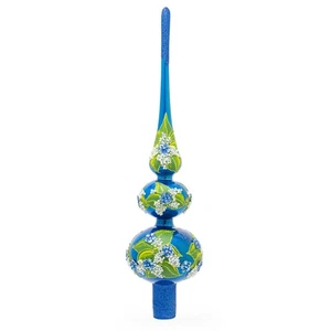 Blue Flowers on Glossy Blue Mouth Glass Christmas Tree Topper 12.5 Inches - Picture 1 of 2