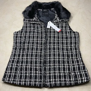NWT Talbots Houndstooth Tweed Down Vest Women’s SZ M Black White Faux Fur Collar - Picture 1 of 13