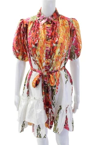 Pop Saint Barth Womens Button Up Belted Satin Abstract Dress White Multi Small - Picture 1 of 5
