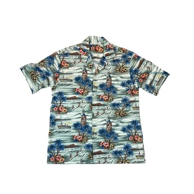 Vintage Hawaiian Shirt Mens L Aloha USA Boats Palms Surfer Made In Hawaii Travel - Image 1 of 4
