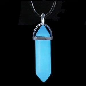 Luminous Stone Pendant Necklace Hexagonal Crystal Glow Faux Leather Men Jewelry - Picture 1 of 16