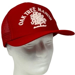 Vintage 80s Oak Tree Manor Trucker Hat Cap Red Spring Texas Mesh Snapback - Picture 1 of 9