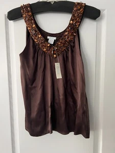 VNTG NEW wTags ADAM LIPPES AEVE Brown Silk Beaded Sz 2 Top $395 Bergdorf Goodman - Picture 1 of 12