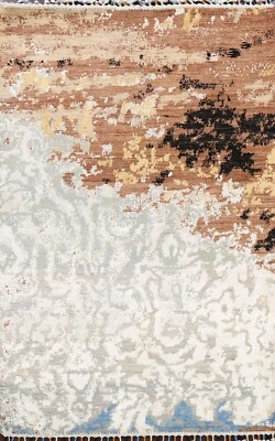  Abstract Artistic Modern Hand-knotted Wool/ Silk Oriental Area Rug 4'x6' Carpet - Image 1 of 4