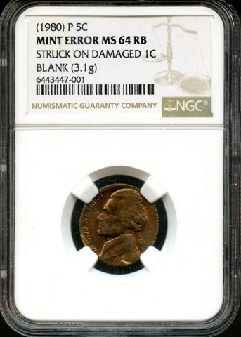 1980 Jefferson Nickel Struck on Damaged 1c Blank, Mint Error MS 64 RB Cover