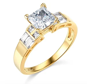 Anello di fidanzamento principessa 2,50 carati taglio baguette vero massiccio oro giallo 14K - Foto 1 di 3