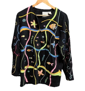 Michael Simon Multicolor Sea Fish Women's Long Sleeve Button Up Cardigan Size L - Picture 1 of 4