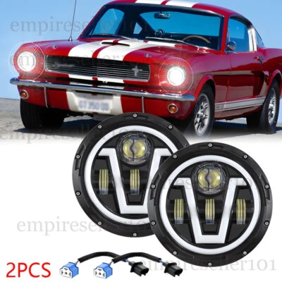 Pair Fit Ford Mustang 1965-1978 7" INCH Round LED Headlights Halo DRL Angel Eyes - Image 1 of 4