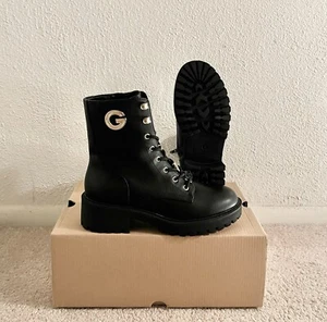 GUESS GG Super-R 599 124 Combat Ankle Boots Size 5.5 Black/Gold Medallions - Picture 1 of 6