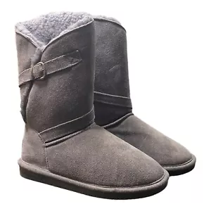 Bearpaw Sheep Fur-Lined Boshie Gray Suede Mid-Calf Boots Women's Size 7 Comfort - Picture 1 of 12