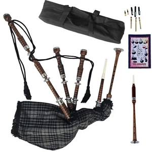 Highland Bagpipe Natural Wood, Silver Mounts, Grey Watch, Full Set & Carry Bag - Picture 1 of 2