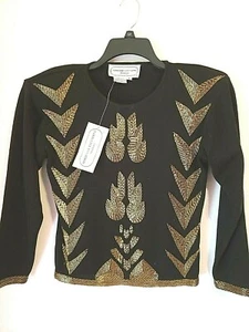 Suéter Adrienne Vittadini Vintage Dorado Cuentas Negro Manga Larga Lana Vacaciones PM - Imagen 1 de 7