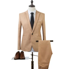 Mens Blazer Wedding Suit 2PCS Slim Fit Business Soild Color Casual One Button - Picture 1 of 15