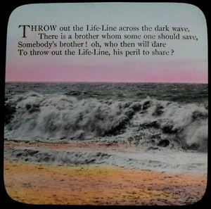 Magic Lantern Slide THROW OUT THE LIFE LINE NO1 C1910 RELIGIOUS SONG SEA WAVES - Picture 1 of 2