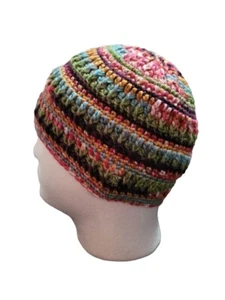 Hand Crocheted Beanie Hat Teen Adult 8" Multi Color Blue Green Purple Pink Gold - Picture 1 of 3
