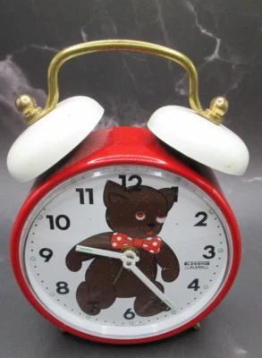 BLESSING ~WEST GERMANY BEAR MOVING EYES AS HE TICKS~RED & WHITE ALARM CLOCK - Image 1 of 4