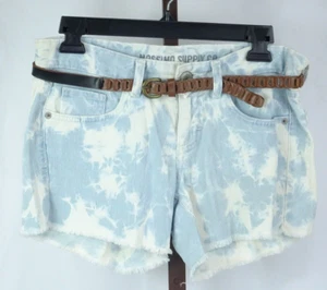 Mossimo Ladies Juniors Teen Blue White Print Belted Short Jean Shorts Size 7 - Picture 1 of 3