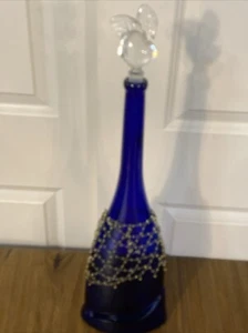 19” Tall Cobalt Blue Bottle With Decorative Beads And Apple Glass Stopper RARE - Picture 1 of 12