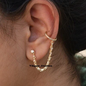 14K Yellow Gold Pave Diamond Cuff Earrings Link Chain Jewellery Gift For Her - Picture 1 of 5