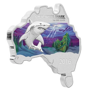 2016 $1 Australian: Shark Map Shaped - Pure Silver Coin - Picture 1 of 4