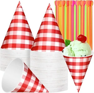 50 Packs Snow Cone Cups and 100 Pcs Spoon Straws Kit 6 Ounces Paper Cone Cups - Picture 1 of 7