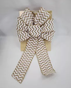 Decorative Chevron Bow Large Burlap Tan and Natural White 15" x 9.25" - Picture 1 of 1