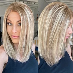 Long Straight Bob Wigs Blonde Mix Brown Highlight Lace Front Wigs - Picture 1 of 4