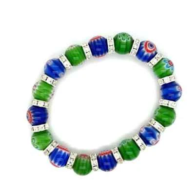 Pulsera elástica con cuentas de vidrio de mal de ojo floral verde y azul con circonita cúbica Foto 1 de 2