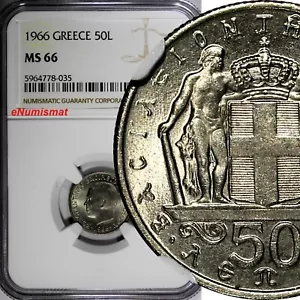 Greece Constantine II Copper-Nickel 1966 50 Lepta NGC MS66 GEM BU KM# 88 (035) - Picture 1 of 4