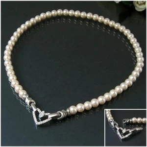 Perlencollier Kette Halskette 46cm Collier Perlen creamweiß Herz Strass K77732 - Bild 1 von 4