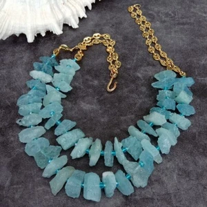 21" 2 Rows Natural Blue Aquamarine Rough Raw Bead Gold Plated Chain Necklaces - Picture 1 of 5