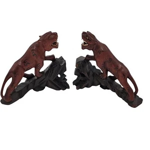 Pair of Antique Hand-Carved Rosewood Tigers with Glass Eyes - Picture 1 of 9
