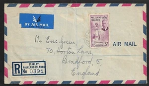FALKLAND IS TO ENGLAND UK AIR MAIL 5s KGVI SECOND ISSUE SG 183 ON REGD COVER1953 - Picture 1 of 2