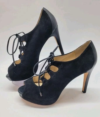 Botines Talbots de plataforma con cordones de cuero gamuza negro con tacones peep toe talla 6,5 Foto 1 de 4